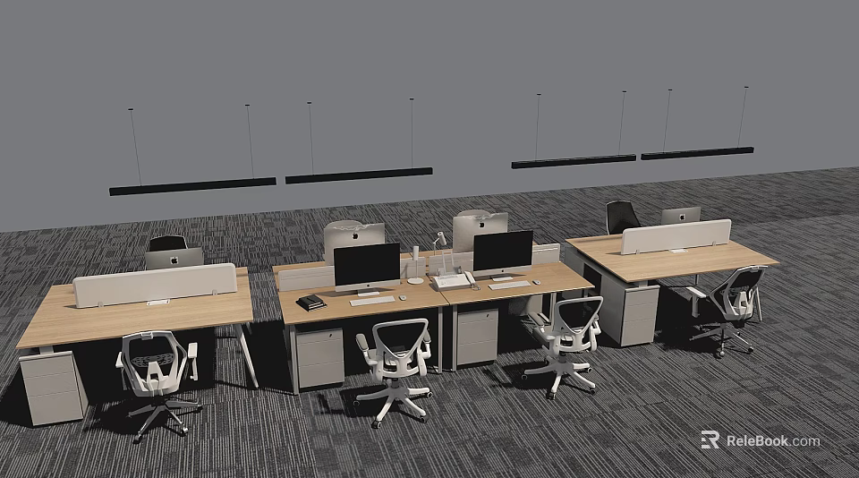 Modern Office Desk Workstations With Computers Ergonomic Chairs And Hanging Lights 3d model