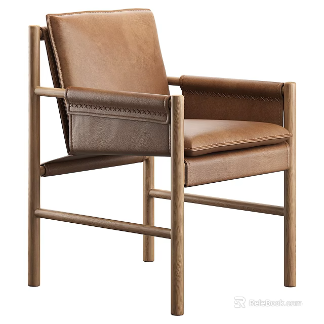 Brown Leather Dining Chair With Wooden Frame And Armrests In Modern Style 3d model 