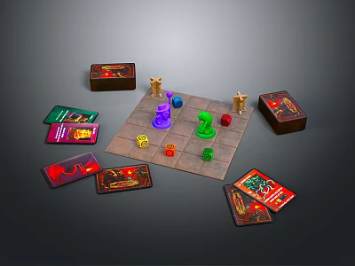 Board Game Setup With Colored Game Pieces Cards And Boxes On Game Board 3d model