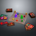 Board Game Setup With Colored Game Pieces Cards And Boxes On Game Board 3d model