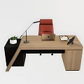 Modern Office Desk With Red Chair Laptop Desk Lamp Plant And Drawer Cabinet