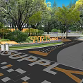 Residential Landscape Design With Sports Park Trees And Colorful Pathway Pavement