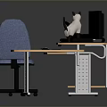 Home Office Desk with Monitor Keyboard Black and White Cats and Blue Chair