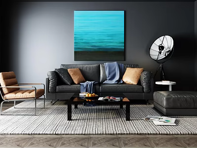Black Leather Sofa And Coffee Table Set With Pillows Throw Blanket Area Rug And Artwork 3d model