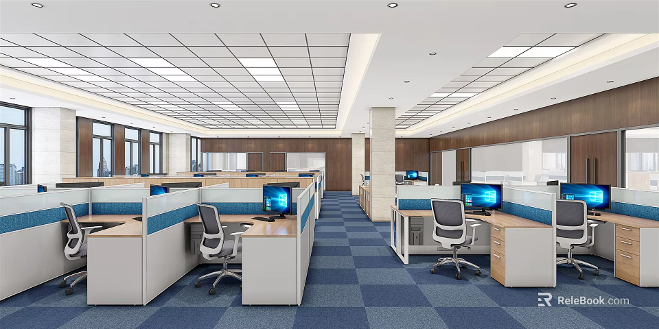 Public Office Space With Cubicles Computers Blue Carpet Wooden Walls Square Ceiling Lights And Office Chairs 3d model 