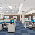 Public Office Space With Cubicles Computers Blue Carpet Wooden Walls Square Ceiling Lights And Office Chairs
