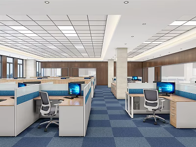 Public Office Space With Cubicles Computers Blue Carpet Wooden Walls Square Ceiling Lights And Office Chairs 3d model