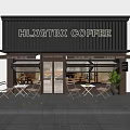 Coffee Shop Facade With Glass Doors Outdoor Seating And Plant Decoration