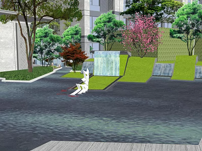 Garden Ornament With Water Fountain Green Lawn Stone Paths And Various Trees In Urban Setting 3d model