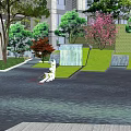 Garden Ornament With Water Fountain Green Lawn Stone Paths And Various Trees In Urban Setting