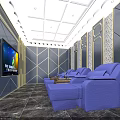 Luxurious KTV Room Interior With Blue Sofas Large Screen TV Decorative Walls And Marble Floor