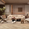 Warm Modern Living Room Interior With Beige Sofa Wooden Coffee Table And Herringbone Flooring