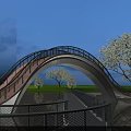 Modern Arched Landscape Bridge With Metal Railings Over Water And Tree Reflections