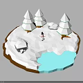 Snowy Natural Scene With Pine Trees Small Snowman Rocks And Blue Water Area