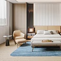 Modern Bedroom Interior With Bed Nightstands Table Lamps Armchair Blue Rug And Wall Art