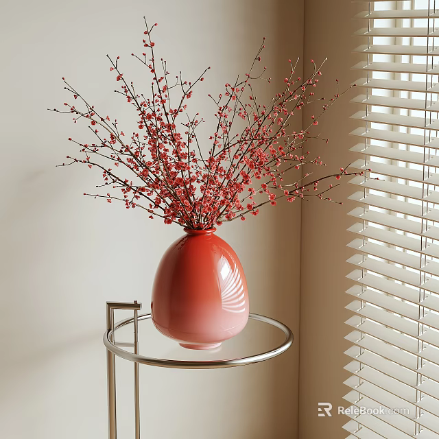 Red Vase With Red Flower Branches on Metal Stand Round Small Table with Background Blinds 3d model 