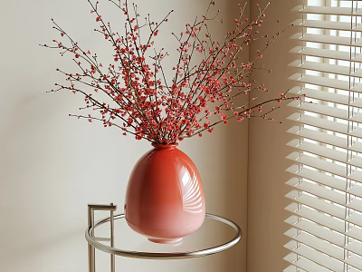 Red Vase With Red Flower Branches on Metal Stand Round Small Table with Background Blinds 3d model