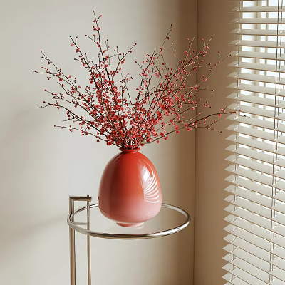 Red Vase With Red Flower Branches on Metal Stand Round Small Table with Background Blinds 3d model