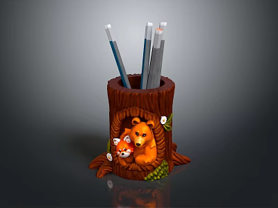 Cartoon Tree Stump Shaped Pencil Holder with Little Bear and Little Fox Design Holding Pens 3d model