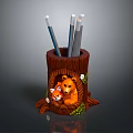 Cartoon Tree Stump Shaped Pencil Holder with Little Bear and Little Fox Design Holding Pens