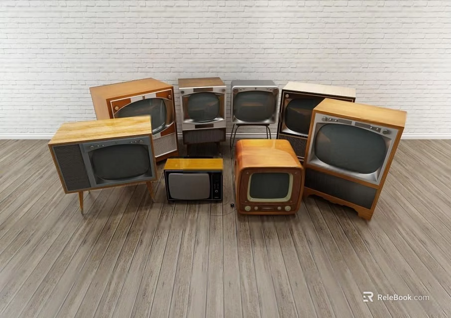 Assorted Vintage Televisions Displayed on Wooden Floor Against White Brick Wall 3d model 