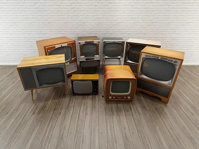 Assorted Vintage Televisions Displayed on Wooden Floor Against White Brick Wall 3d model