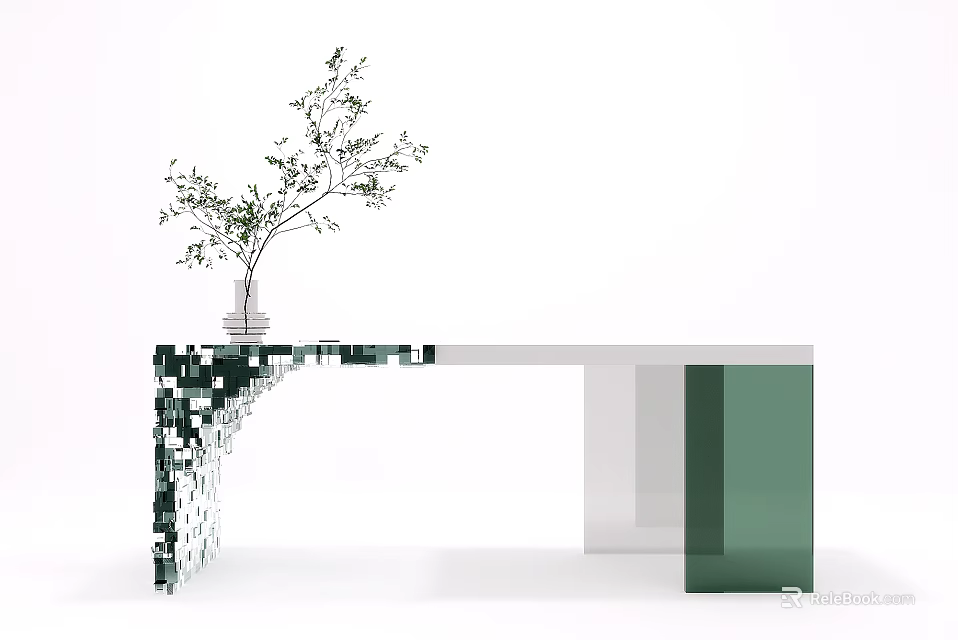Modern Geometric Desk Design With Green White Structure And Vase Plant 3d model 