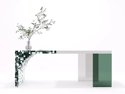 Modern Geometric Desk Design With Green White Structure And Vase Plant 3d model
