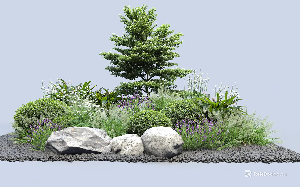 Lush Shrubs With Green Foliage Surrounded By Trees Stones And Lavender Herbs 3d model 