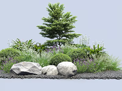 Lush Shrubs With Green Foliage Surrounded By Trees Stones And Lavender Herbs 3d model
