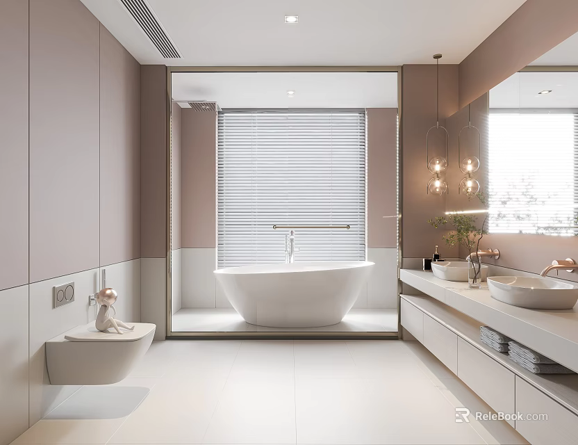 Elegant Modern Bathroom Interior With Freestanding Bathtub Double Vanity Large Mirror Blinds Design 3d model 