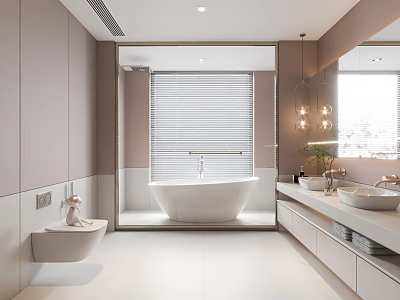 Elegant Modern Bathroom Interior With Freestanding Bathtub Double Vanity Large Mirror Blinds Design 3d model