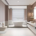 Elegant Modern Bathroom Interior With Freestanding Bathtub Double Vanity Large Mirror Blinds Design