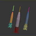 Three Different Colored Rocket Weapons with Yellow White Blue Bodies and Thrusters