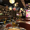 Modern Restaurant Interior Design With Cherry Blossom Decor Seating Area And Yellow Chairs