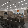 Modern Courtroom Interior With Arranged Seats Judge's Bench Judicial Emblem Wooden Paneling And Lighting