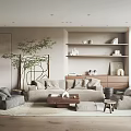 Minimalist Living Room With Beige Sofa Wooden Coffee Table Green Plant And Neutral Tones