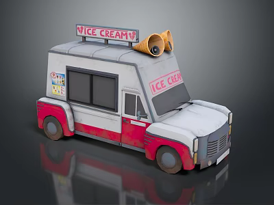 Vintage Red And White Ice Cream Truck With Horns And Cone Decoration 3d model