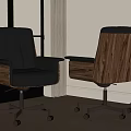 Modern Office Chair With Black Leather Upholstery Wooden Backrest And Metal Wheels Design