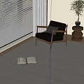 Modern Window Blinds in Bright Room with Large Window Trees Armchair Rug and Potted Plant