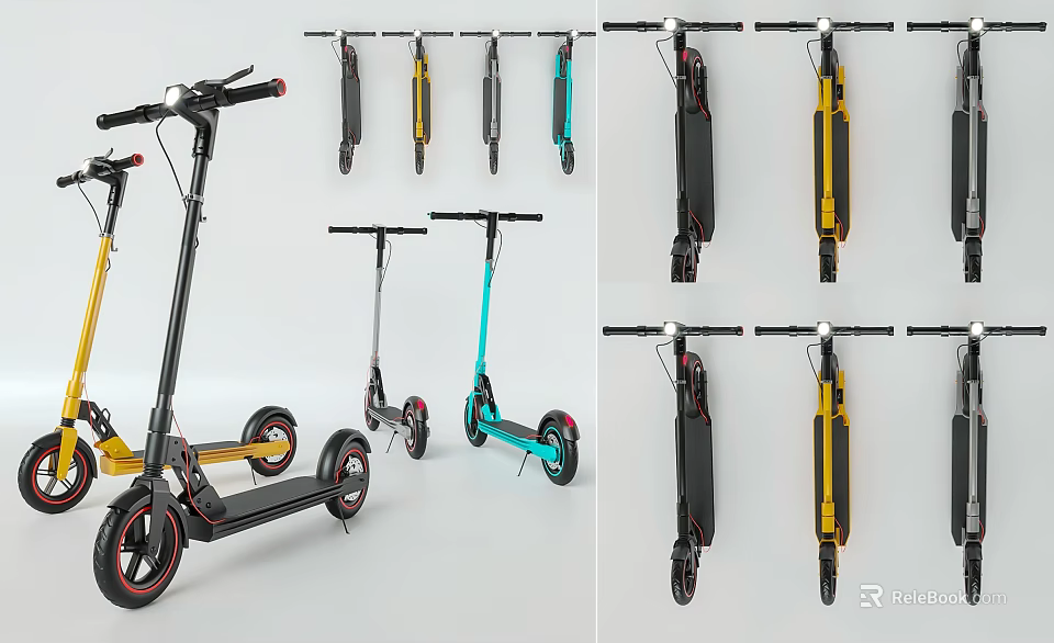 Various Colored Electric Scooters In Different Styles Displayed On Floor And Wall 3d model 