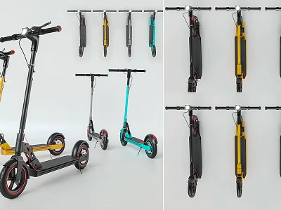 Various Colored Electric Scooters In Different Styles Displayed On Floor And Wall 3d model