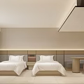 Hotel Room With Minimalist Design White Bedding Beige Walls And Light Colored Flooring