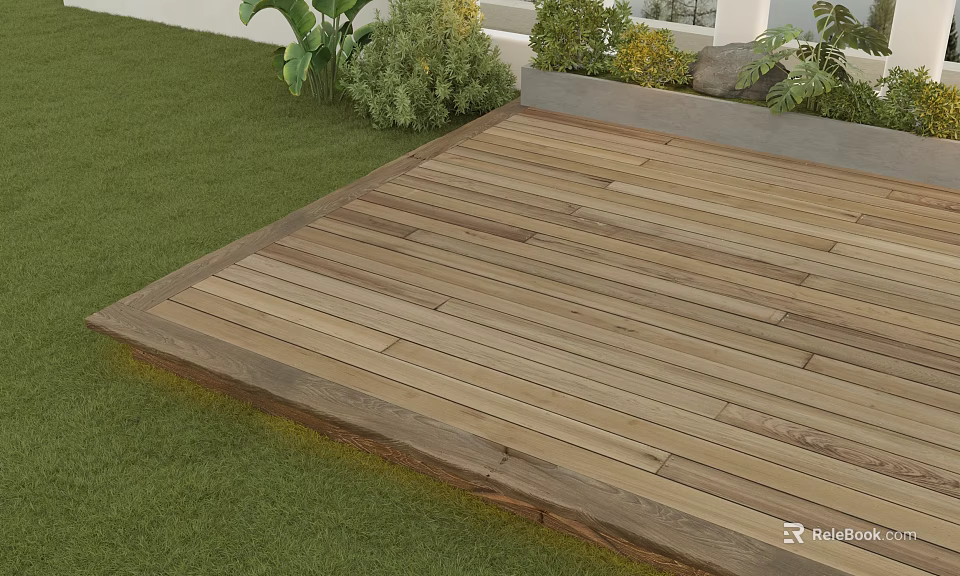 Outdoor Garden Wooden Deck Floor With Stone Planter And Green Grass Plants 3d model 