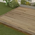 Outdoor Garden Wooden Deck Floor With Stone Planter And Green Grass Plants