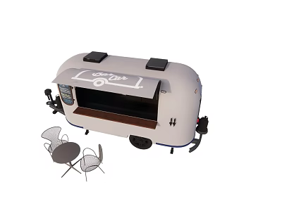 White Mobile Café Car With Coffee Sign Awning And Outdoor Seating Table Chairs 3d model