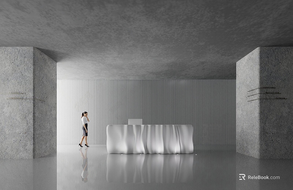 Modern Wavy Countertop Reception Desk with Striped Wall and Concrete Columns in Spacious Interior 3d model 