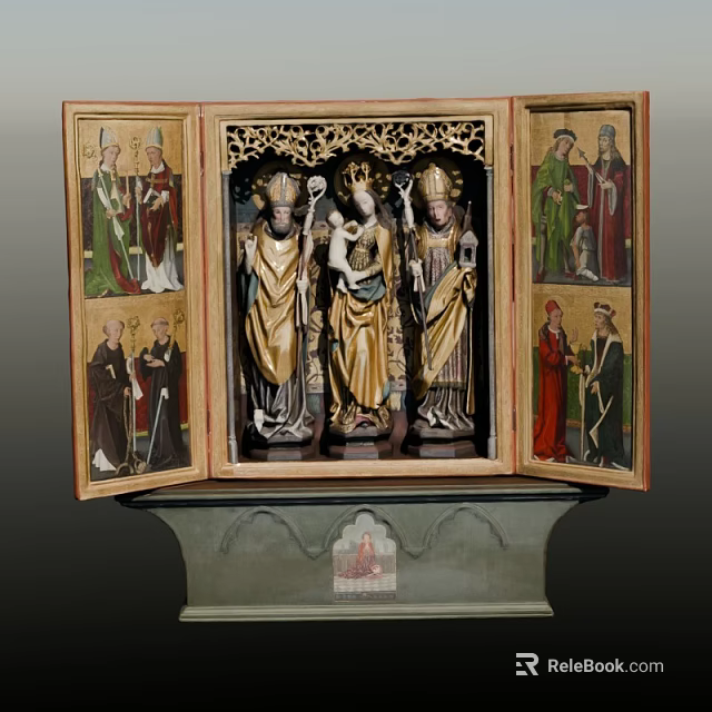 Colorful Religious Triptych Painting With Central Madonna And Golden Robed Saints 3d model 