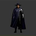 Man in Black Hat Dark Blue Cape Black Leather Outfit with Boots on Gray Background