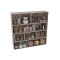 Organized Wooden Kitchen Shelf Displaying Spice Bottles Grains And Cooking Utensils
